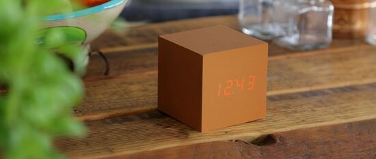 Gingko - Wooden Cube Click Clock Copper / Red LED