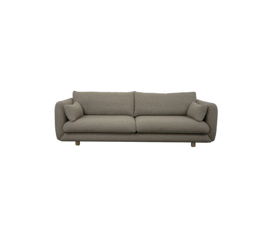 Sofa med moderne design, stofbetræk i taupe og synlige teakben.