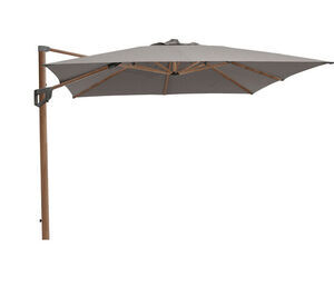 Parasol med taupe-dug, træ-look aluminiumsstang og vippefunktion til justering af vinkel.