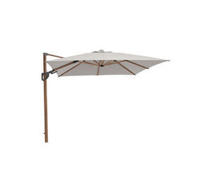 Stor cantilever parasol med hvidt rektangulært sejl, trælook-støtte og metaldele.