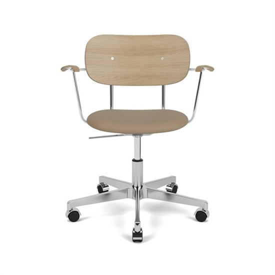 Audo Copenhagen - Co Task Chair w/Armrest, Star Base w/Casters, Polished Aluminium, Seat Upholstered With PC0L, Oak Back And Arms, Hard Floor, Natural Oak, EU/US - CAL117, 1611 (Stone), Sierra, Sierra, Camo