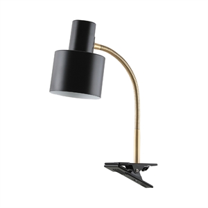 Sort bordlampe med rund skærm, fleksibel guldhals og klemme til fastgørelse. Elegant og moderne design.