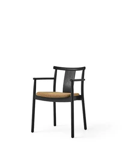 Audo Copenhagen - Merkur, Dining Chair w/Armrest, Black Painted Oak Base, Black Painted Oak Backrest And Armrest, Upholstered Seat PC0T, EU/US - CAL117 Foam, 06 (Gold), Bouclé, Bouclé, Audo