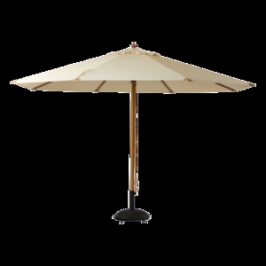 Stor rund parasol med off-white dug, central stang og ribber. Designet til robust udendørs brug.