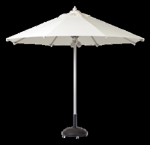 Stor udendørs parasol med rund off-white skærm, metalstang og solid base.