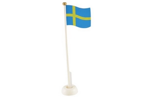 Svensk flag med gul kors på blå baggrund, hvid stang, guldfarvet top, 30 cm høj.