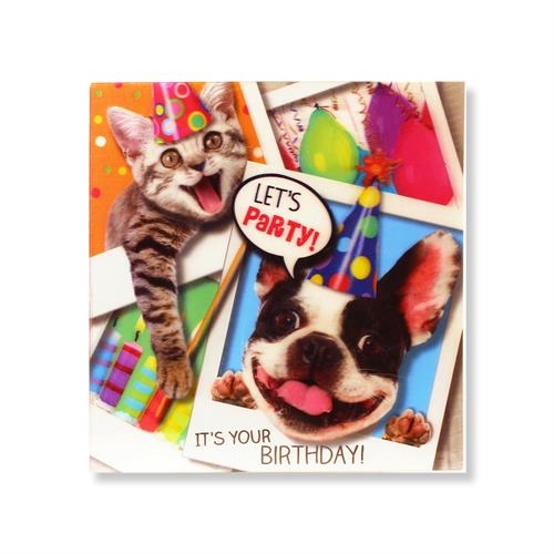 Farverig 3D-kort med dyr i festhatte og teksten "Let\'s Party" og "It\'s Your Birthday".