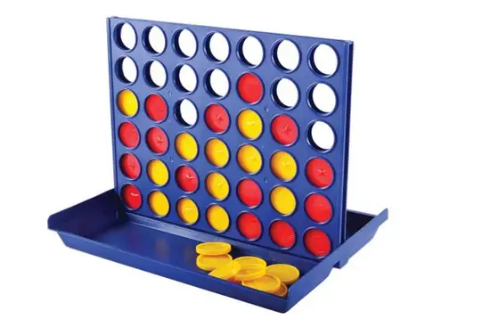 Blåt Connect Four-spil med røde og gule skiver. Skuffe i bunden til opsamling af skiver.