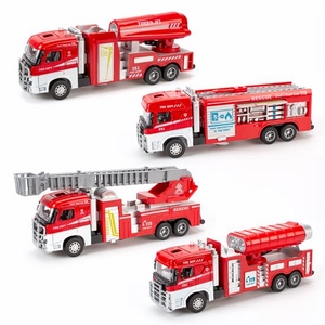 Fire trucks i fire modeller med stiger og tanke, alle røde med forskellige detaljer.