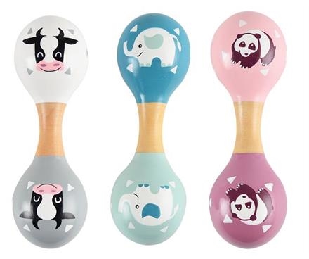 Tre dobbelt maracas med dyremotiver: hvid med ko, blå med elefant, pink med panda.