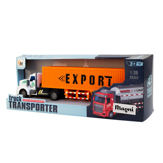 Die-cast US lastbil med orange "EXPORT" container i æske, egnet til børn fra 3 år.