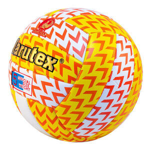 Volleyball med gule og orange zigzag mønstre, "Marutex" branding, og "5 Official Size Weight" label.