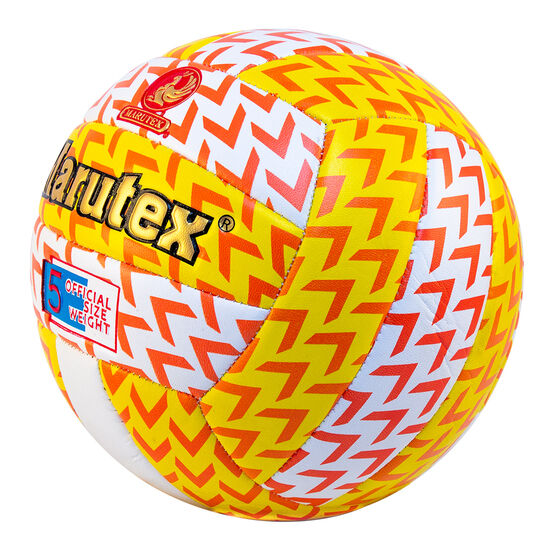 Volleyball med gule og orange zigzag mønstre, "Marutex" branding, og "5 Official Size Weight" label.