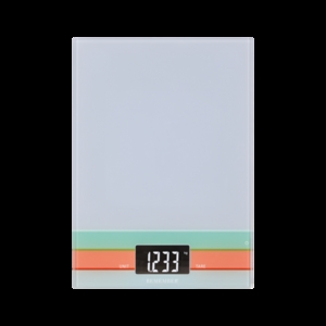 Flad køkkenvægt med digital display (1233 g) og touch-knapper til "Enhed" og "Tara".
