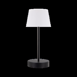 Bordlampe med sort cylinderbase og hvid konisk skærm, enkel og elegant design.