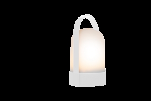 Lille, bærbar lampe med hvidt ydre og bærehåndtag. Moderne design.