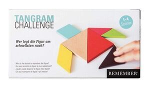 Farverigt Tangram Challenge-spil fra Remember til 1-4 spillere med geometriske former på æsken.