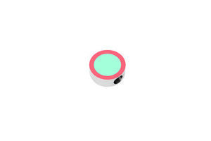 Rundt vedhæng med mint/teal center og pink kant. Har åbning på siden. Diameter 1,5 cm.